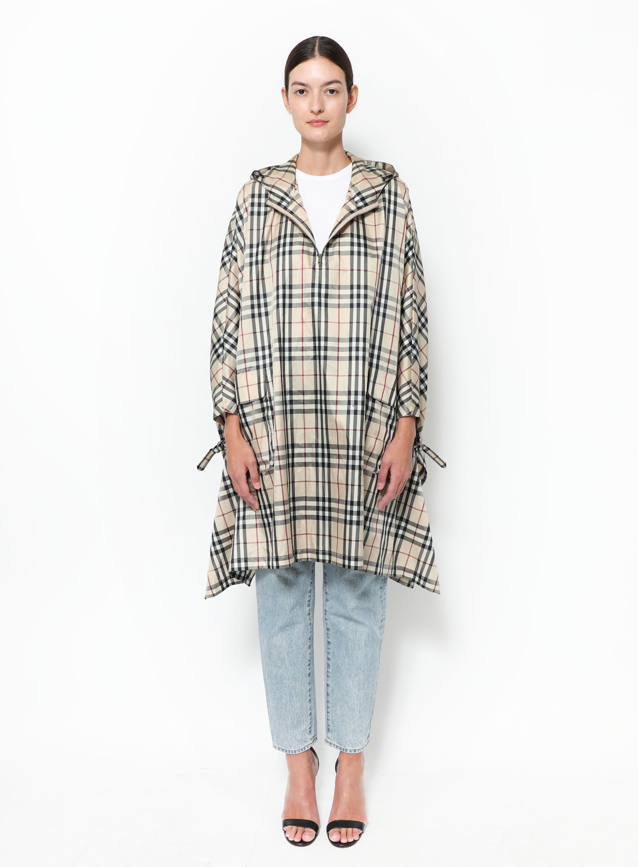 Beige Poncho with Burberry Plaid Rainboots nd Louis Vuitton Bag