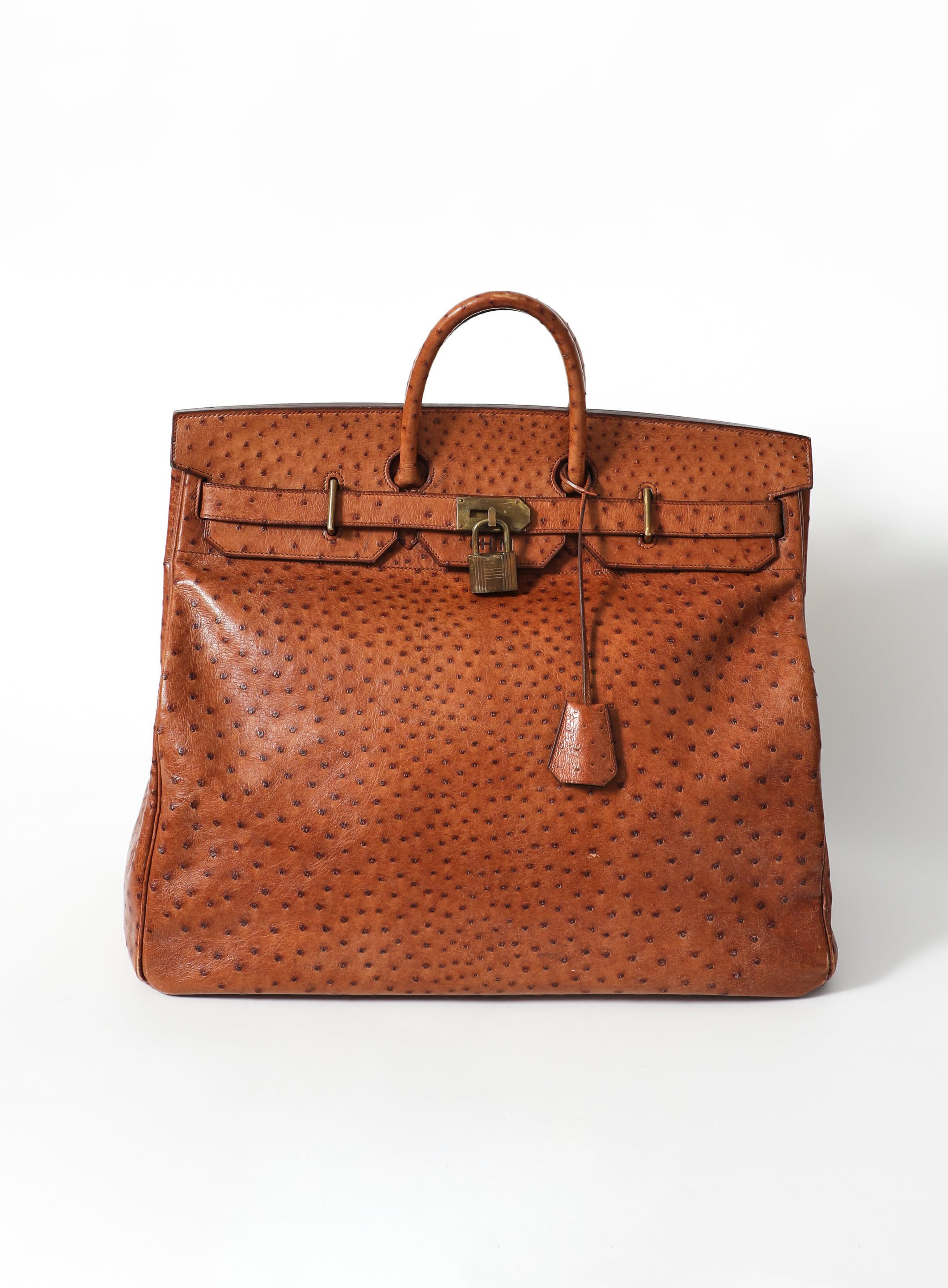 Italian Lock & Key Genuine Ostrich Embossed Leather Handbag 