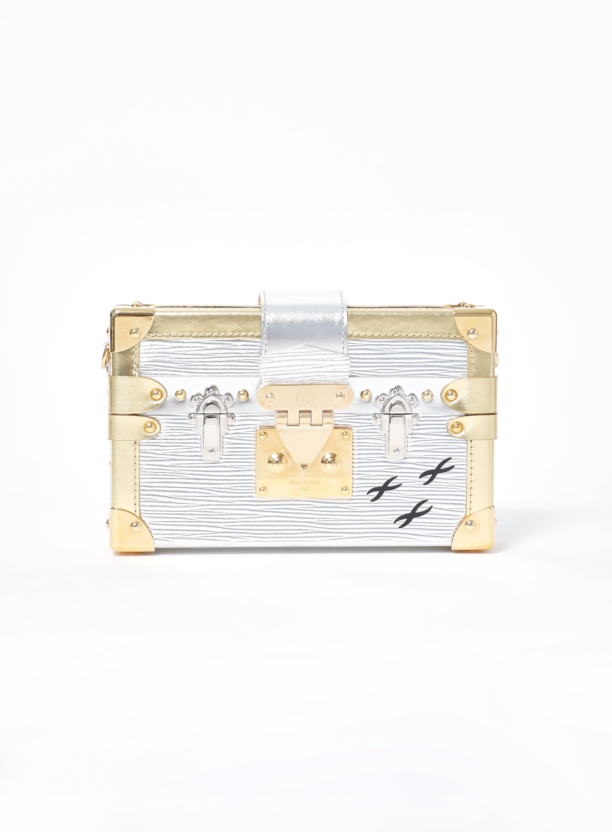 Louis Vuitton Womens Metal EPI Leather Petite Malle Handbag Gold Silver Tone