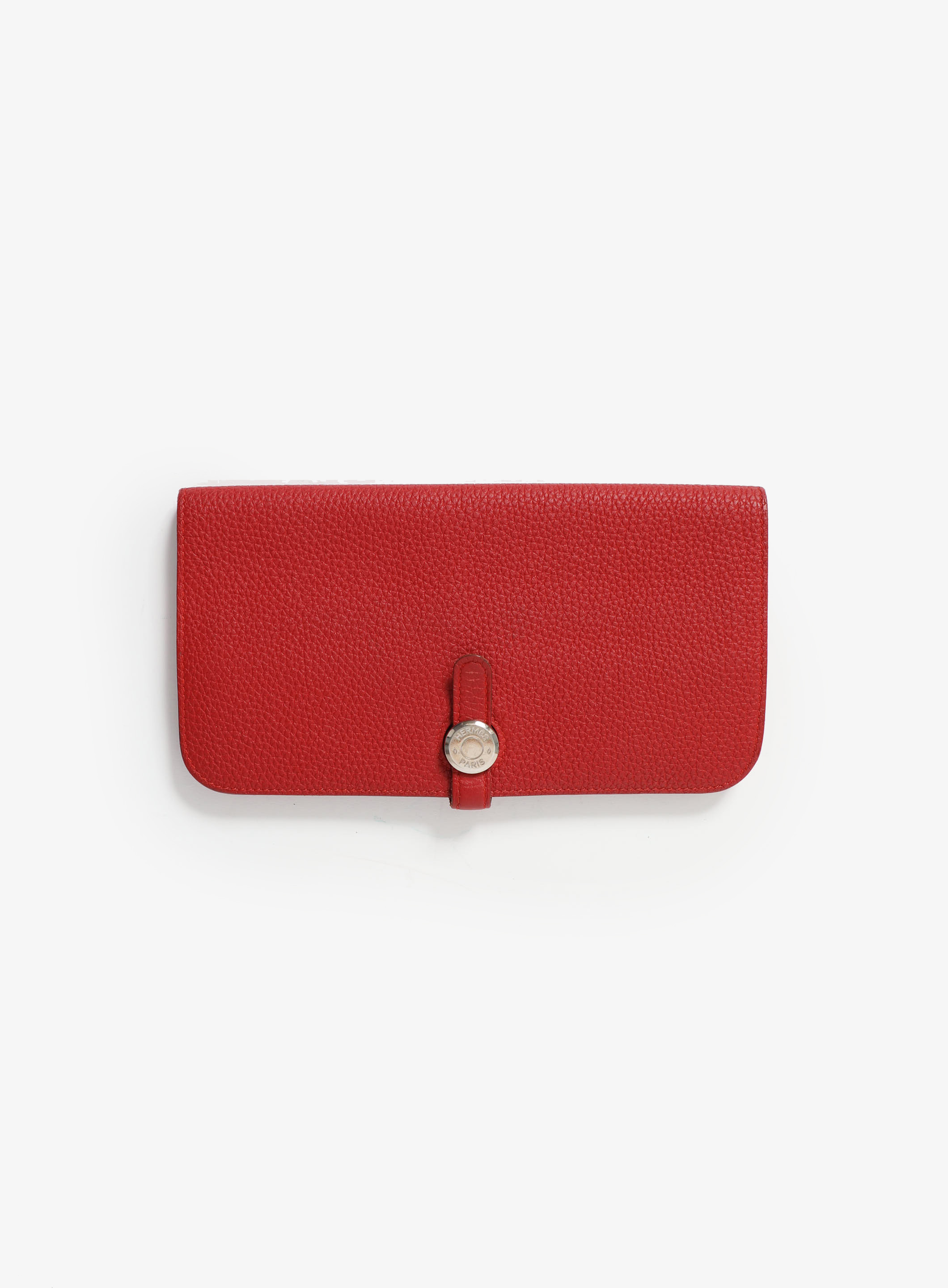 HERMES Logo Dogon Compact Bifold Wallet Purse Togo Leather Red